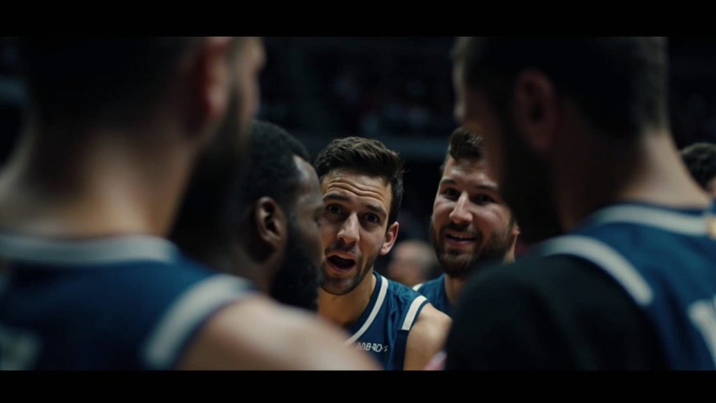 The Timberwolves huddled during halftime, leading by 12 points.